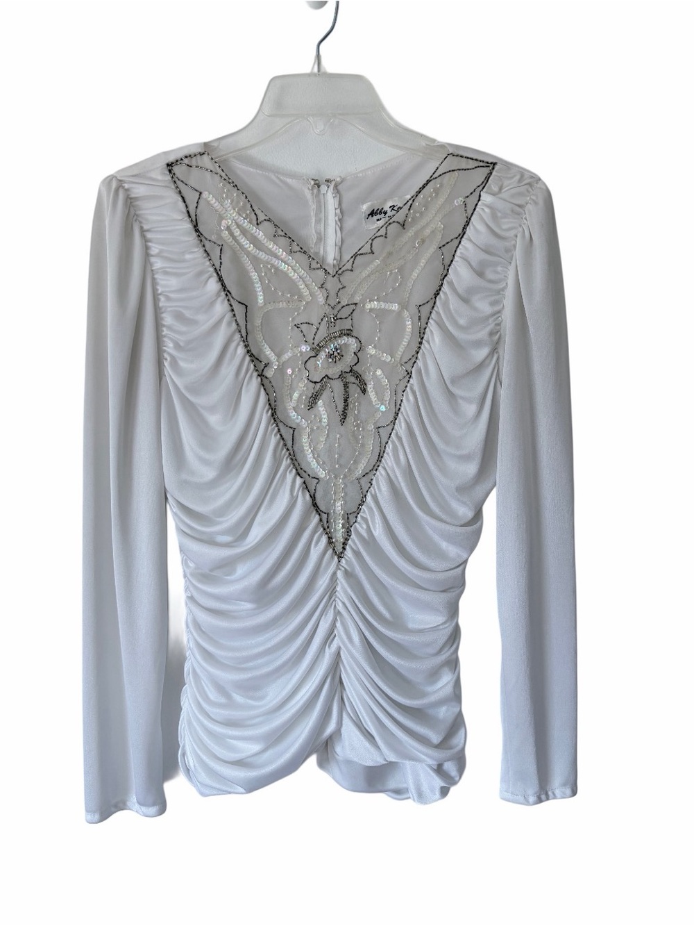 Abby Kent White 1980s Pearl Sequin Liquid Ruched Top Blouse size 10 USA Made